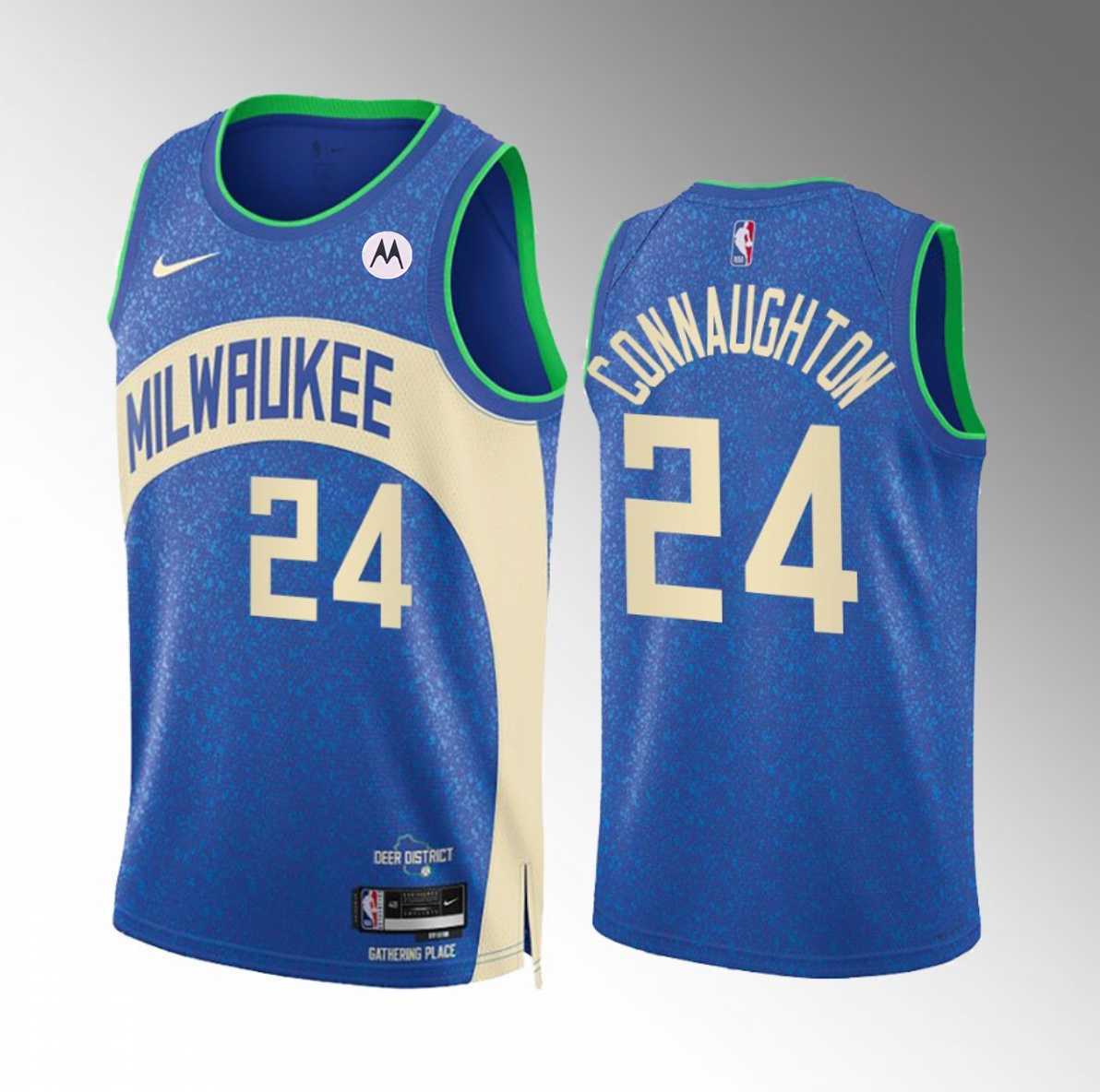 Mens Milwaukee Bucks #24 Pat Connaughton Blue 2023-24 City Edition Stitched Basketball Jersey Dzhi->milwaukee bucks->NBA Jersey